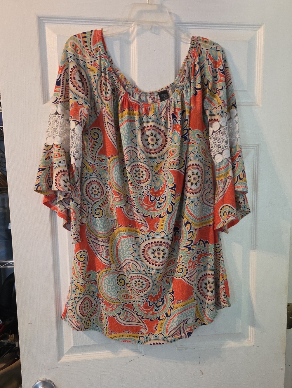 WinWin Orange Paisley Off-Shoulder Blouse with Lace Sleeves